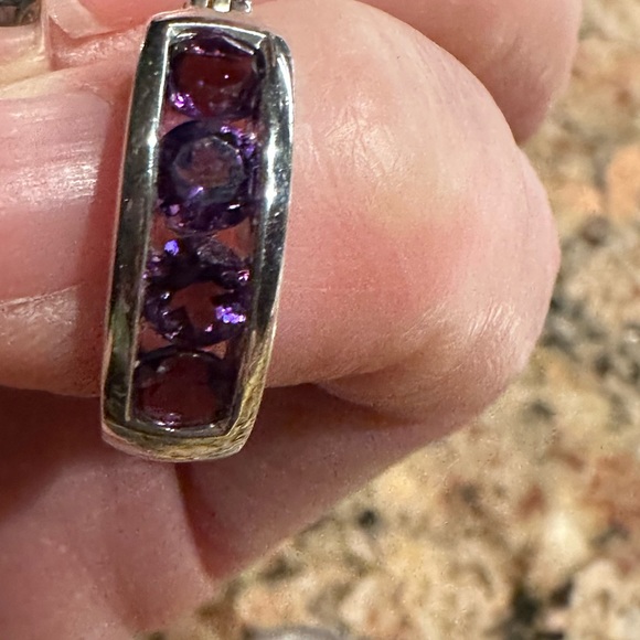 Purple gems set in sterling silver hoop earrings with lever-backs. - Picture 4 of 11